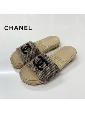 Chanel CC Logo Fabric Sandals Beige Gold